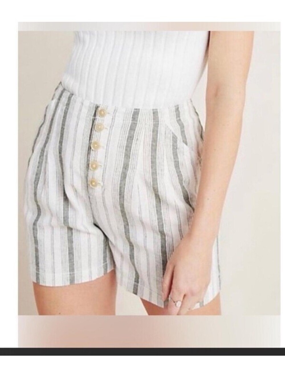 Anthropologie Linen Blend Shorts Sz 6 Womens Striped Button Fly White Green $98